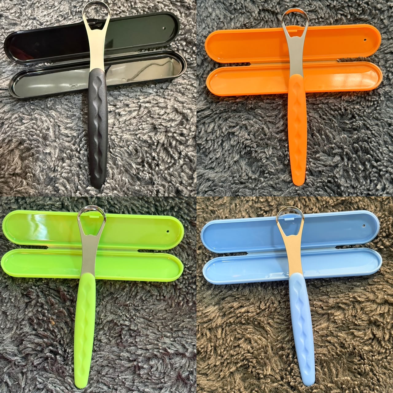 Metal tongue scraper with blue plastic handle