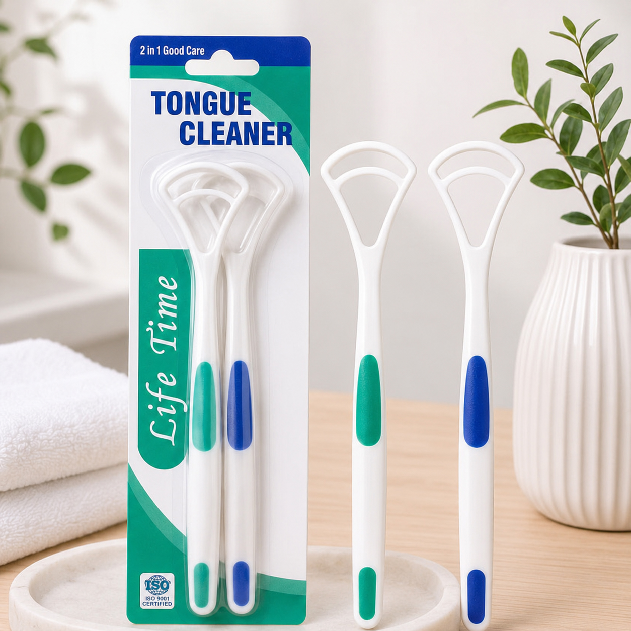 Packaged tongue cleaners with plastic handles